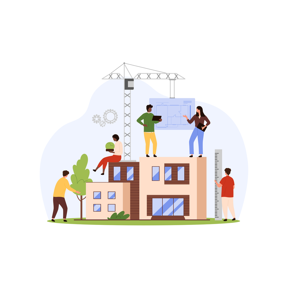 Illustration: five small figures stand around a house under construction beside a tower crane, two on the roof looking at a blueprint, one sitting on the side holding a green plant, one at the left and one beside a tall gray ruler at the right, with a tree and gears on a pale blue shape