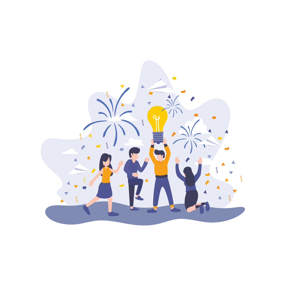 Illustration: four small figures dance and cheer around one who holds a glowing light bulb overhead, with fireworks and confetti behind them on a pale lavender shape