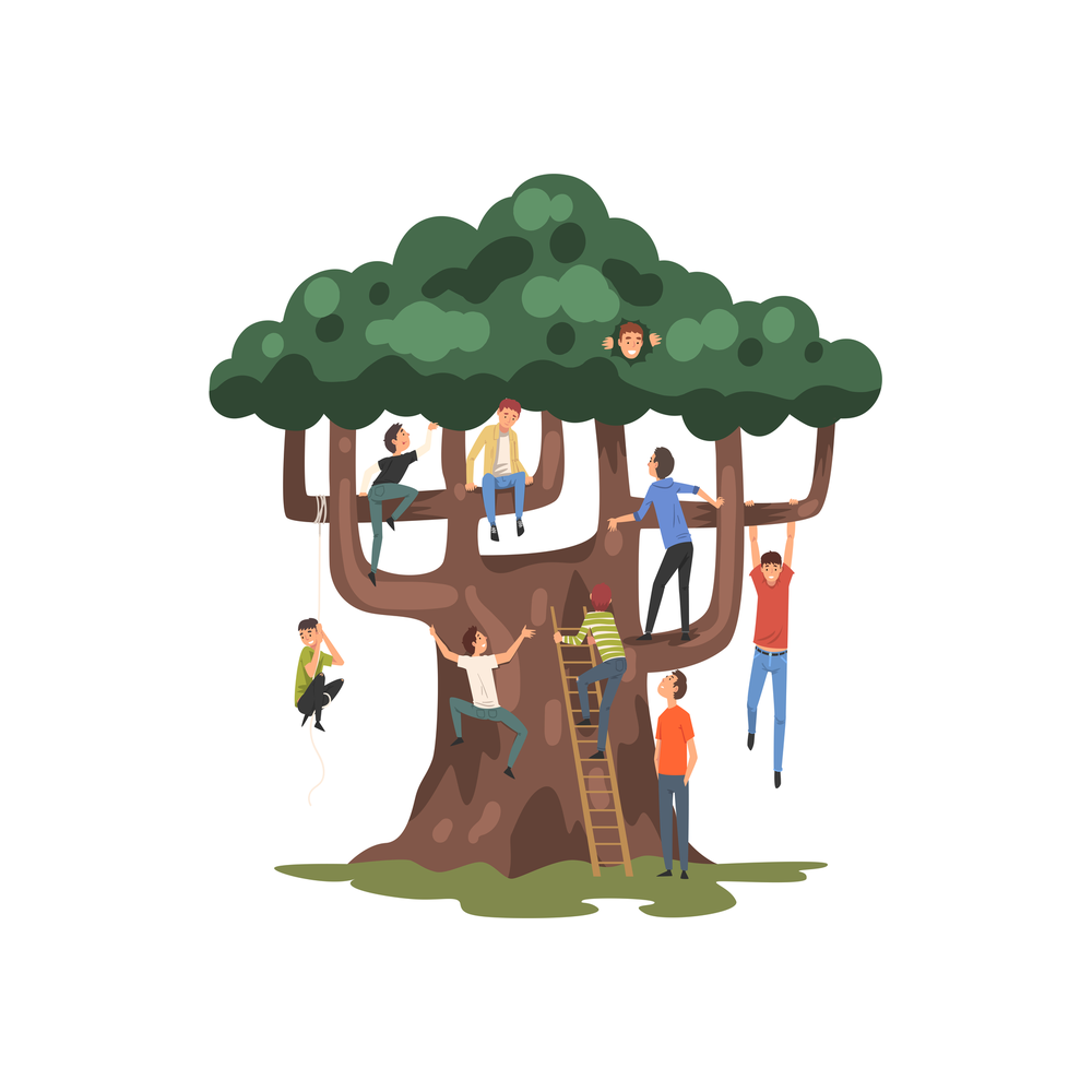 Illustration: small figures climb, sit and hang in the branches and on the trunk of a giant tree, with a ladder leaning against the trunk