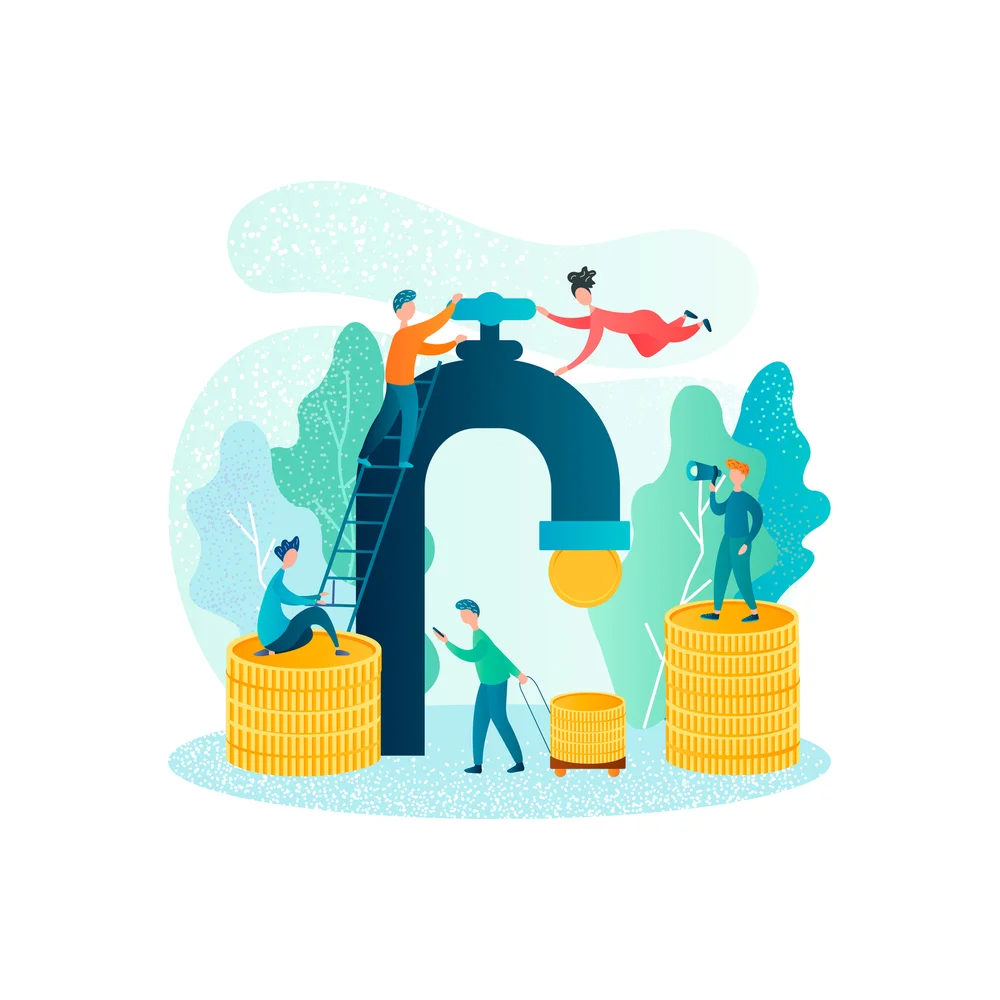 Illustration: five people work around a giant tap that lets a single gold coin drip, one on a ladder at the valve, one flying overhead, two on stacks of coins and one pulling a small cart of coins