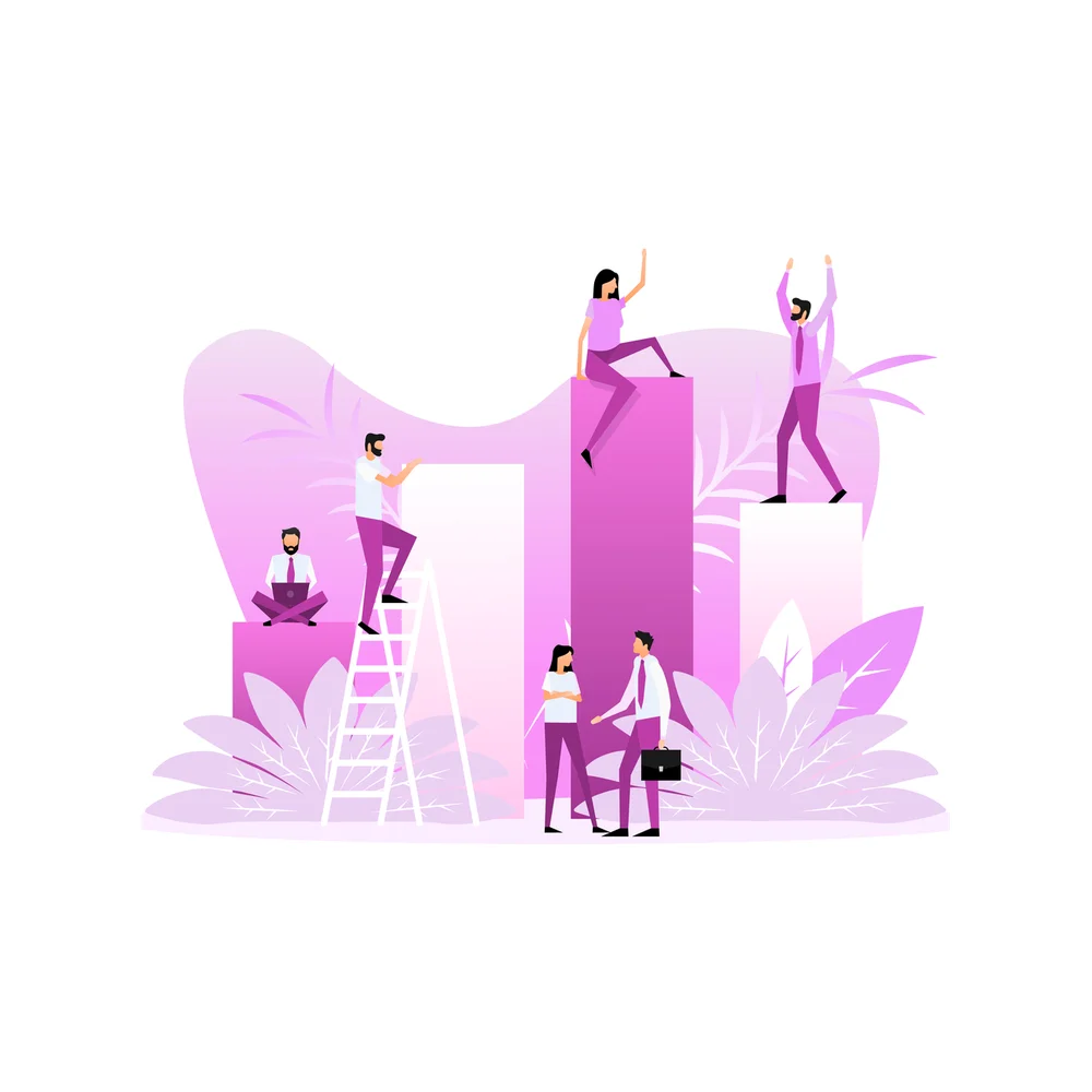 Illustration: six people around tall violet and white bars of different heights, one climbing a ladder, one seated with a laptop on the lowest bar, two on top of taller bars and two talking at the base, one holding a briefcase, among large leaves