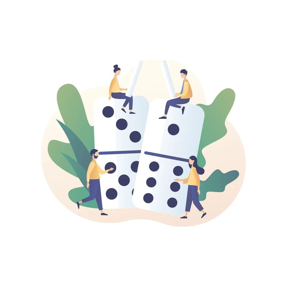 Illustration: four small figures around two giant white dominoes leaning against each other, two sitting on top and two standing at the bottom, with large green leaves behind them