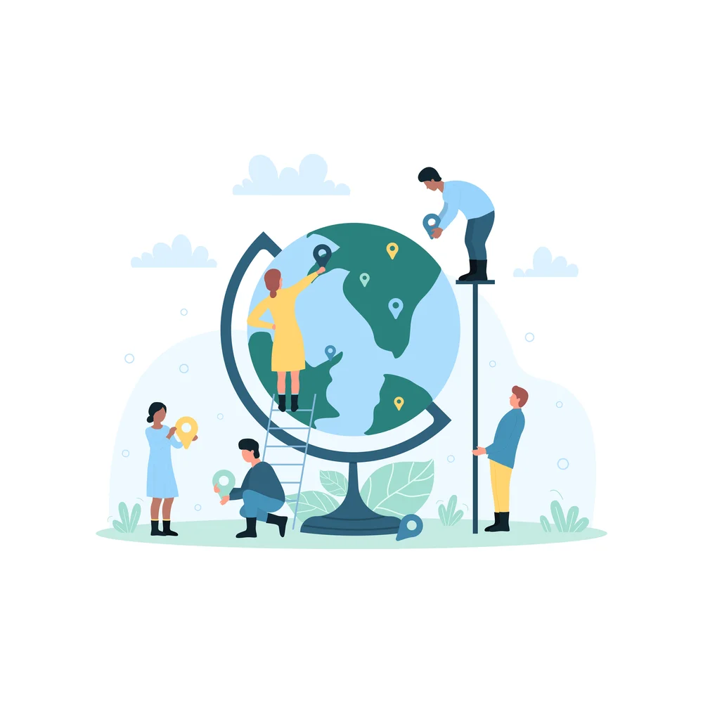 Illustration: five small figures place location pins on a large globe, one on a ladder, one on a tall platform, one crouching and two standing, with small clouds above