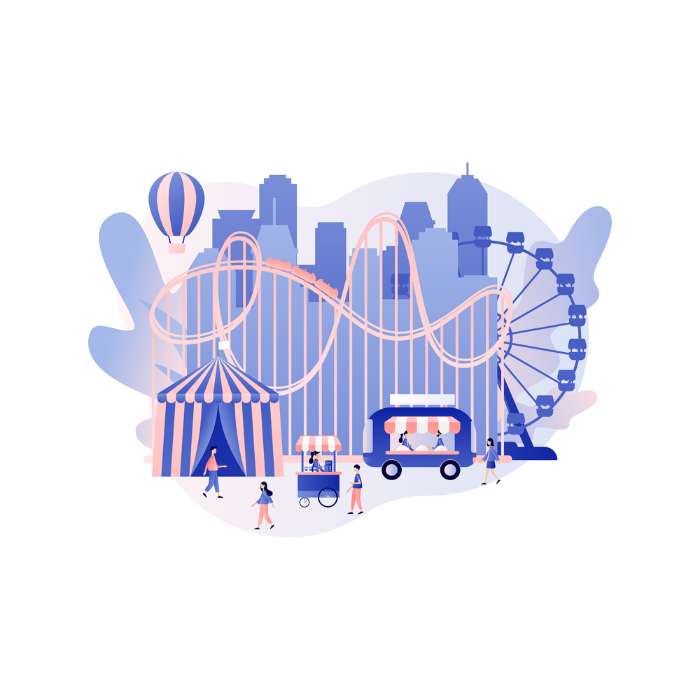 Illustration: Seven tiny people walk and work around a fairground with a looping roller coaster, a Ferris wheel and a striped circus tent, one serving from a food cart and two at the window of a food truck, with city towers and a hot air balloon behind