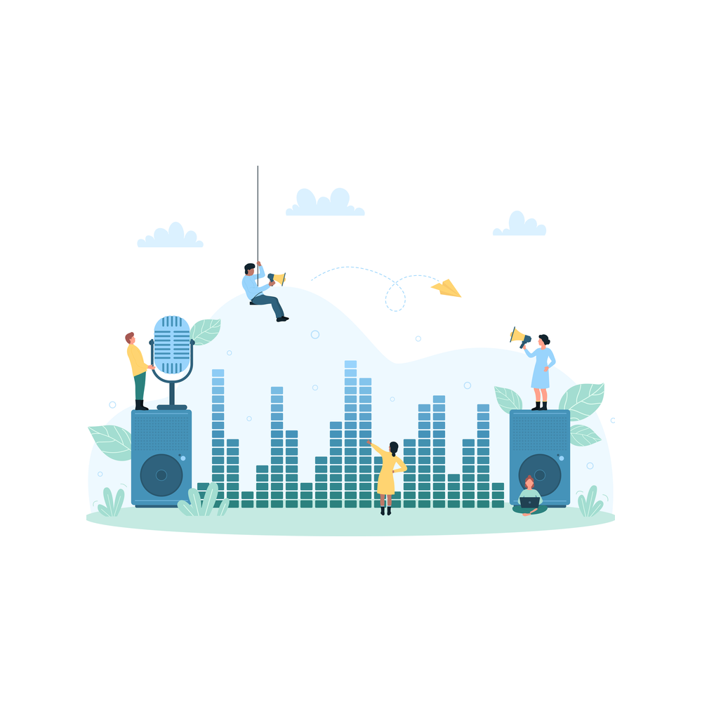 Illustration: Five tiny people around a long row of equalizer bars of different heights, two standing on big speakers beside a studio microphone, one hanging from a rope with a megaphone, one among the bars and one sitting with a laptop at the foot of a speaker