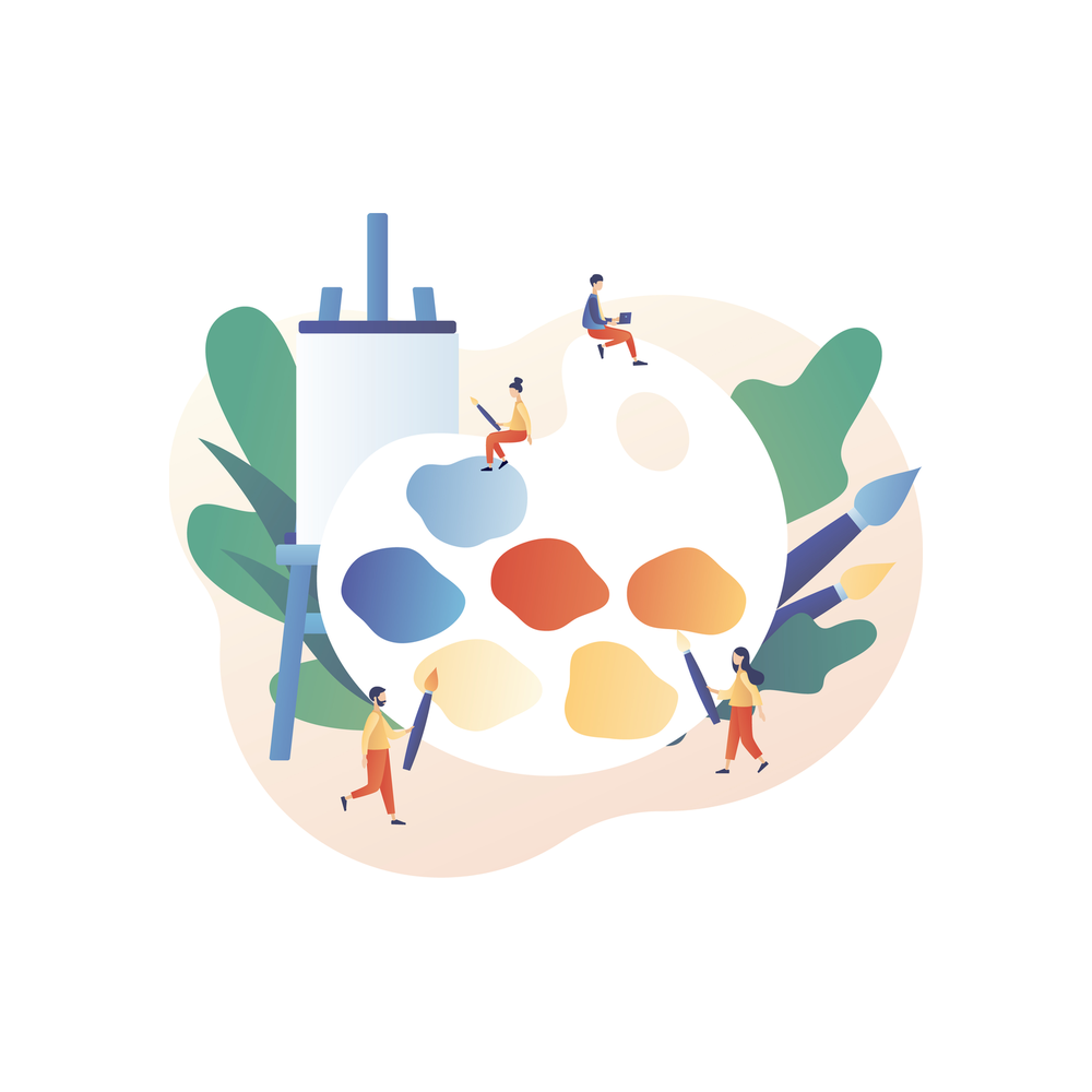 Illustration: small figures with brushes stand and sit on and around a giant paint palette holding blobs of blue, red, orange and yellow paint, next to an easel and green leaves