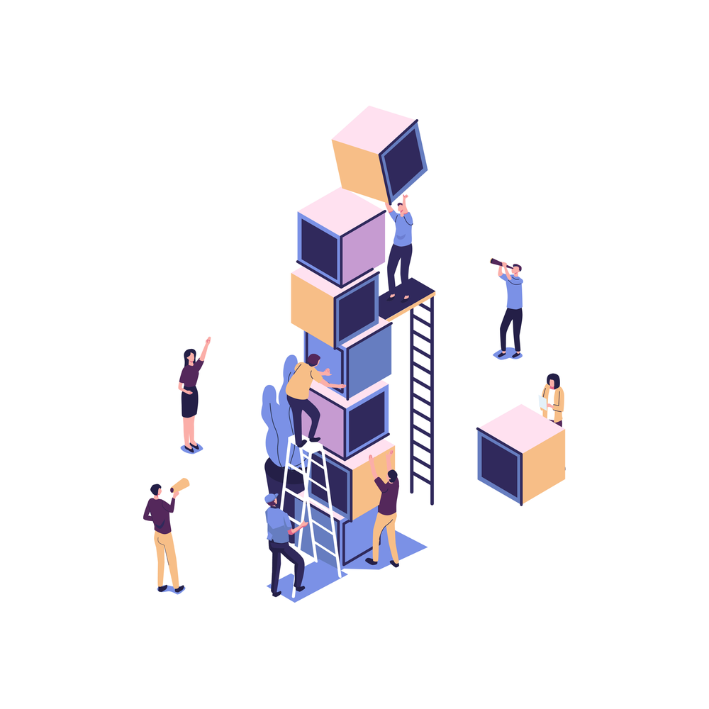 Illustration: tiny figures on ladders stack lilac, pink and orange cubes into a tall tower while one more cube waits on the ground beside it