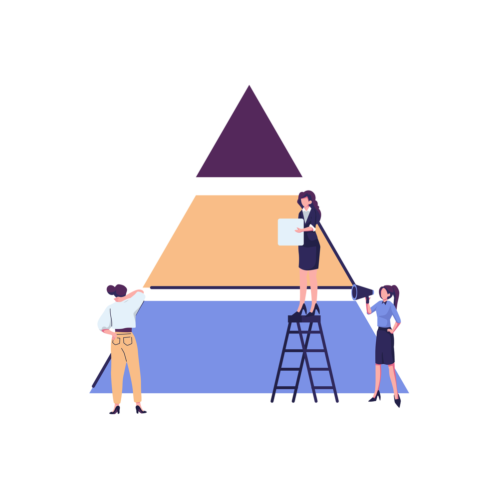 Illustration: three small figures stand around a pyramid in three tiers, a dark purple top, an orange middle and a blue base, one of them on a stepladder holding a sheet