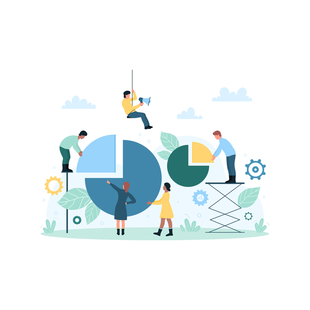 Illustration: Five tiny people place wedges into two giant pie charts of different sizes, one swinging from a rope with a megaphone, small gears around them