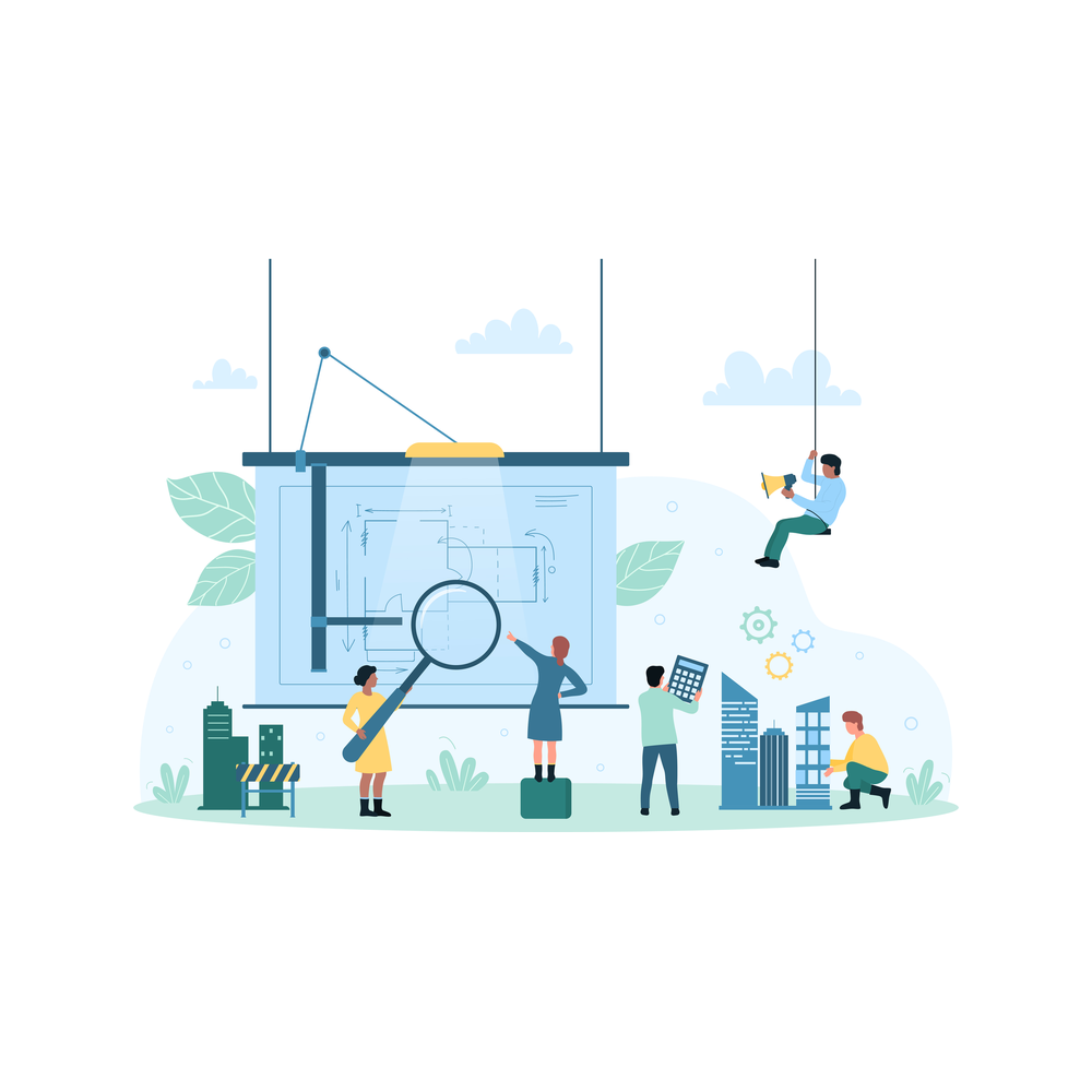 Illustration: Five tiny people study a giant hanging blueprint with a magnifying glass, small tower models at its sides, one swinging from a rope with a megaphone