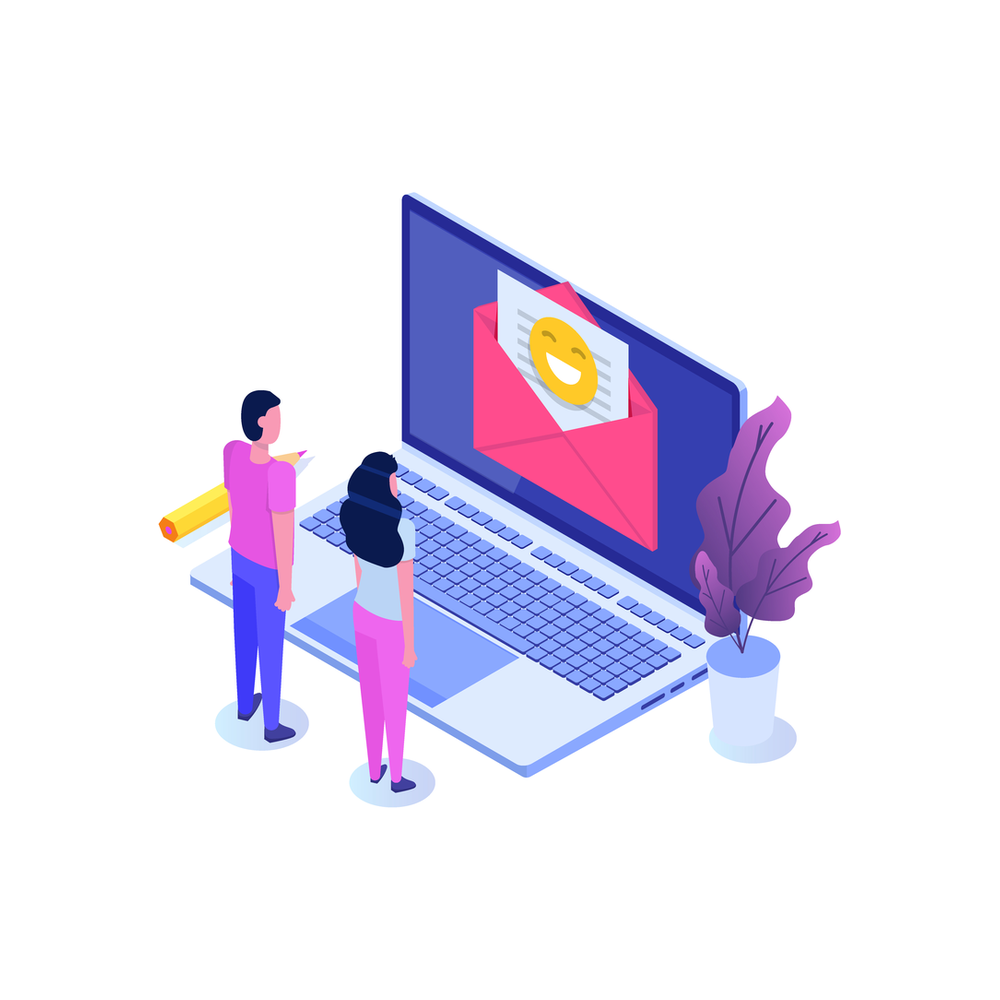Illustration: two small figures stand on a giant laptop whose screen shows an open pink envelope with a smiling letter, beside a pencil and a potted plant