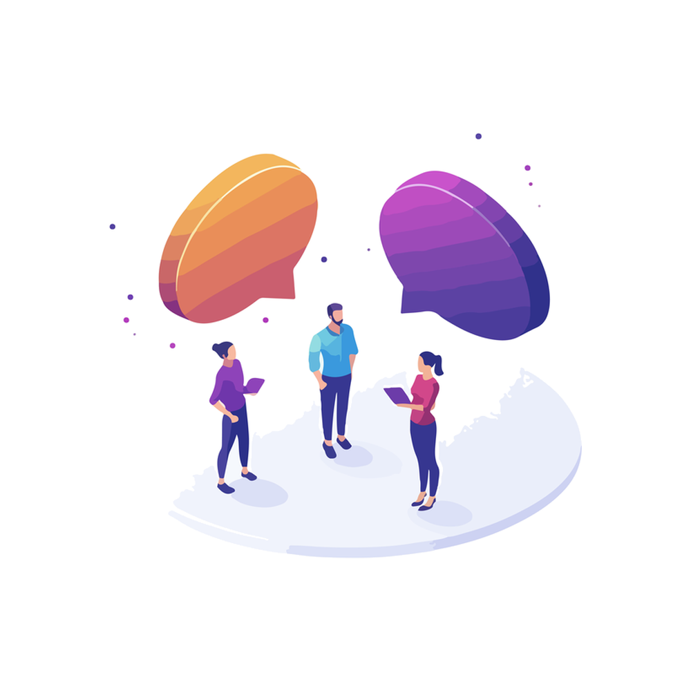 Illustration: three small figures stand on a pale disc beneath two large speech bubbles, one orange and one violet