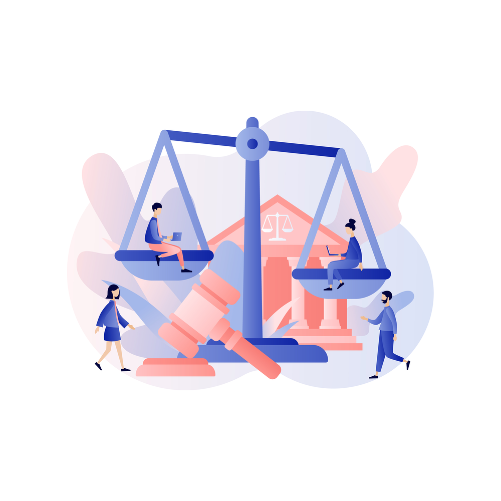 Two small figures with laptops sit on the pans of a large scale of justice while two others walk past a gavel and a courthouse