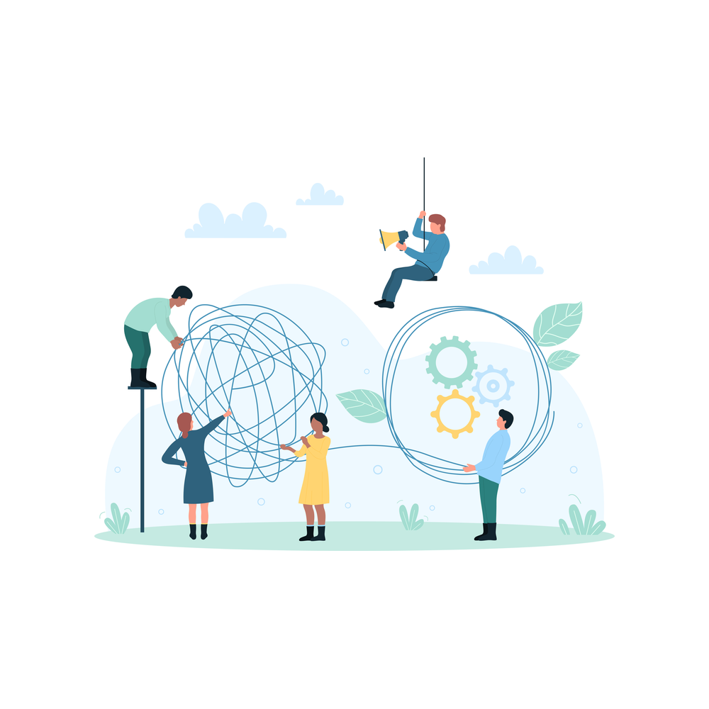 Illustration: Tiny people untangle a ball of line whose thread runs to a ball with gears; one stands on a pole and one swings from a rope with a megaphone