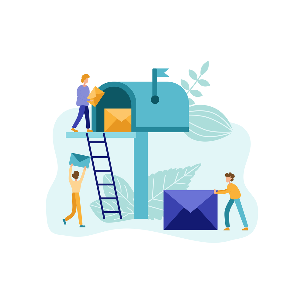 Illustration: three small figures post letters in a giant blue mailbox, one pushing a yellow envelope in from its platform, one lifting an envelope beside the ladder and one pushing a large dark blue envelope