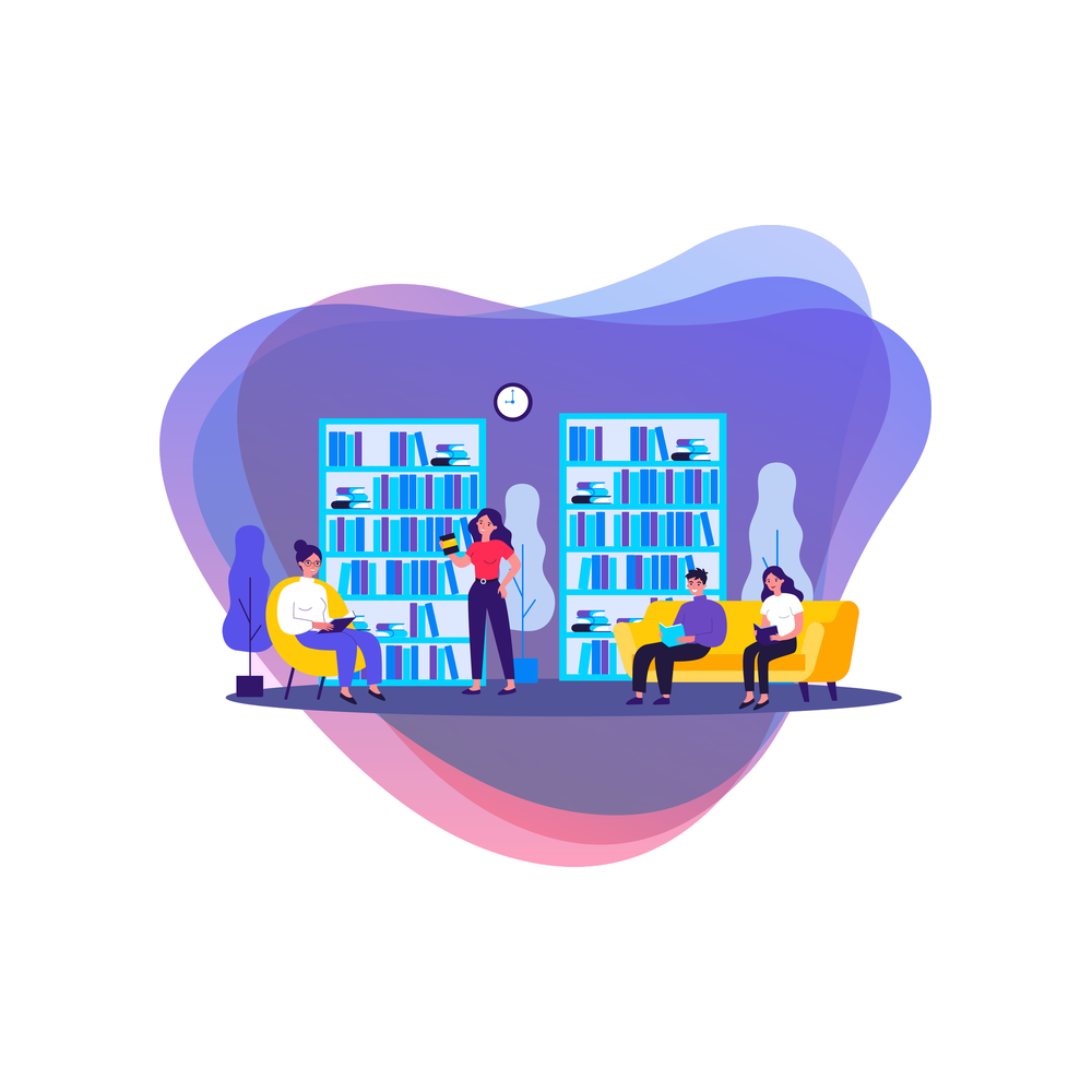 Four small figures in a library on a violet background, one reading in a yellow armchair, one standing with a cup beside two bookshelves and two reading on a yellow sofa, with a clock on the wall