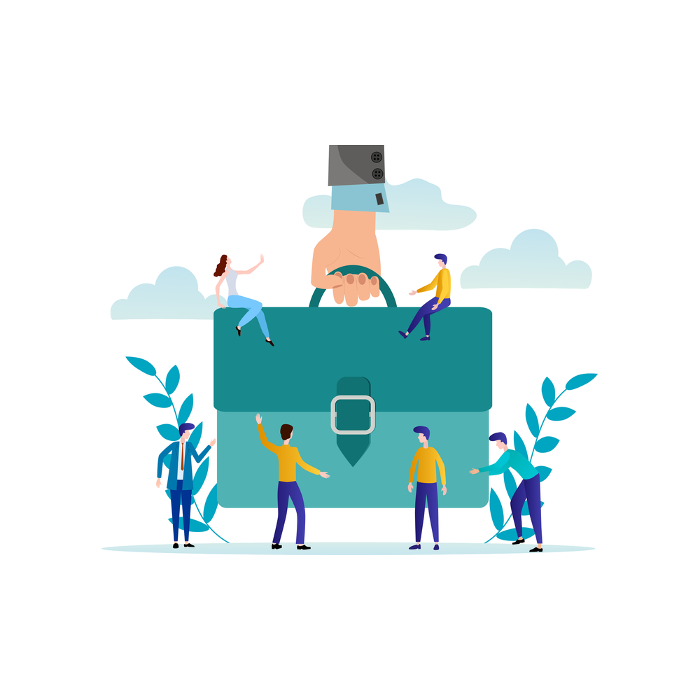 Illustration: six small figures stand and sit around a large teal briefcase that a giant hand lifts by its handle, among blue leaves and clouds