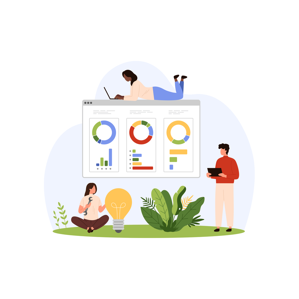 Illustration: three small figures around a large dashboard of three donut charts and bar charts, one lying on top with a laptop, one sitting cross-legged with a wrench beside a light bulb and one standing with a tablet