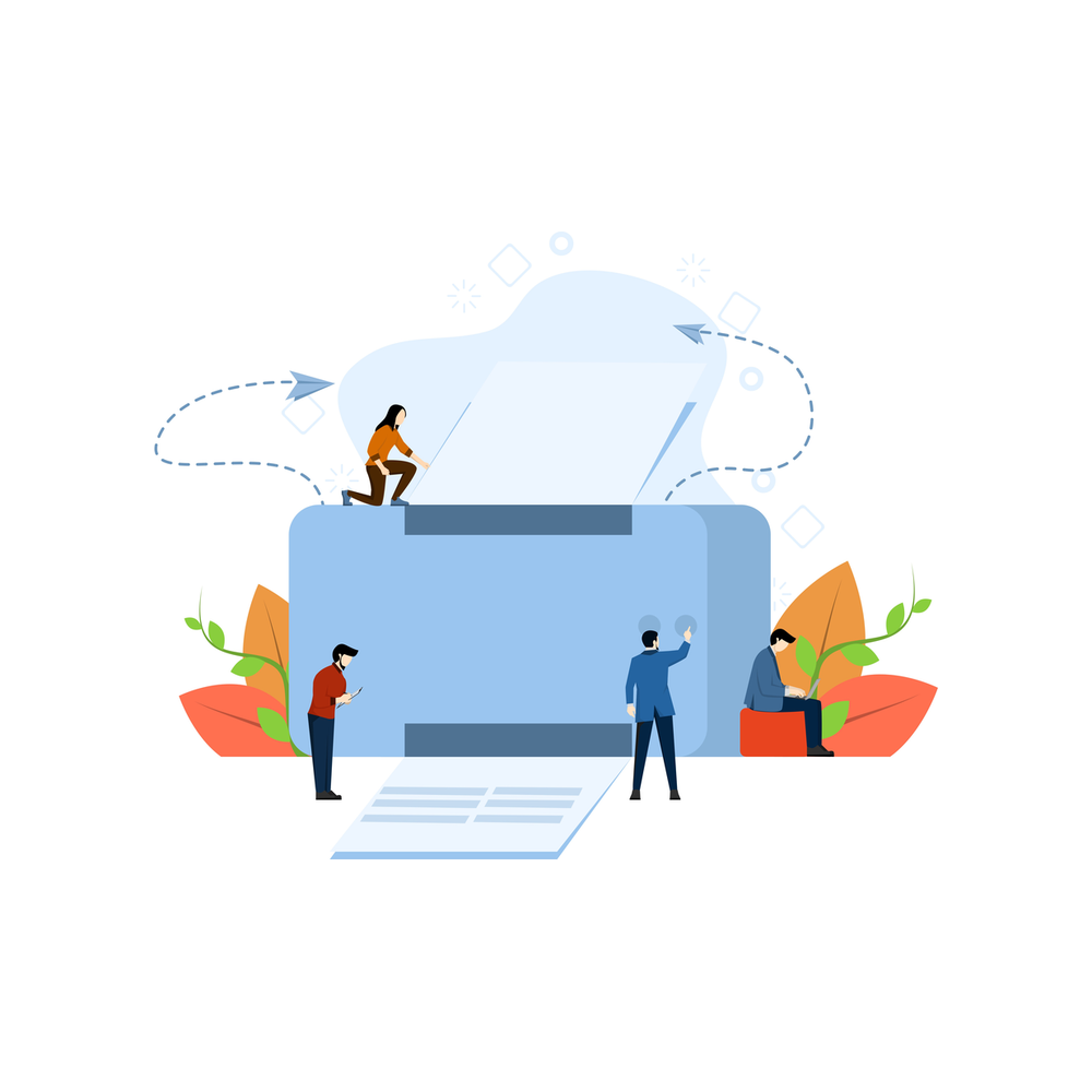Illustration: four small figures work around a giant light-blue printer that feeds a sheet of paper out of its front, one kneeling on top, one holding a phone, one pressing a button and one sitting on an orange box with a laptop, with two paper planes on dashed arrows and orange and green leaves behind
