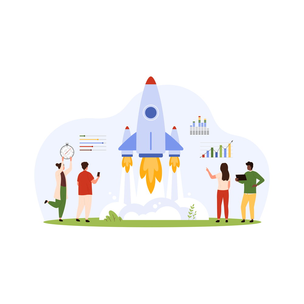 Illustration: four small figures watch a rocket lift off from a grassy launch pad, one holding up a stopwatch, one looking at a phone, one pointing and one holding a tablet, with small charts and sliders beside it