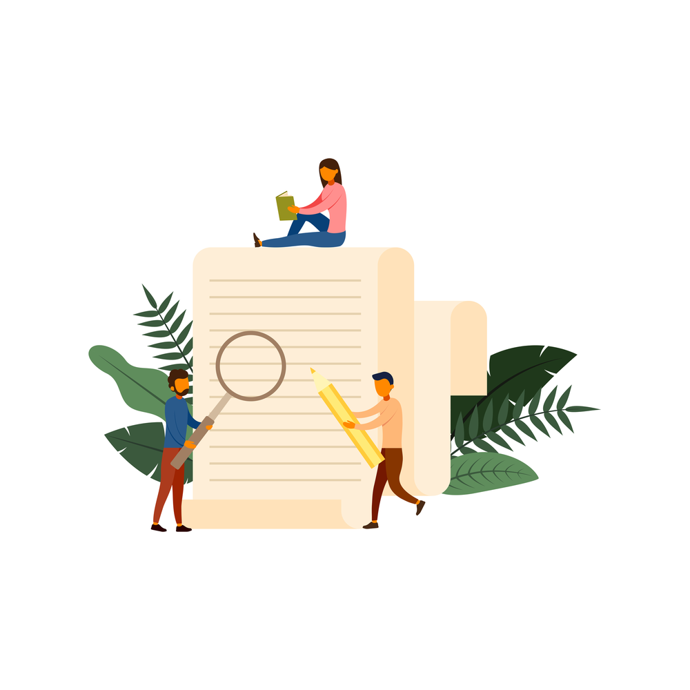 Three small figures work on a long sheet of paper: one sits on top reading, one holds a giant magnifying glass and one carries a giant pencil