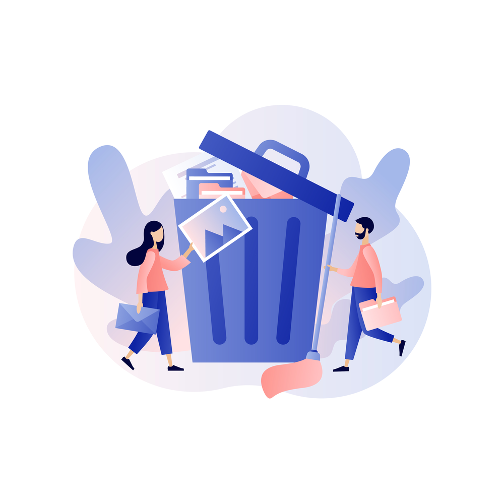 Two small figures bring files to a giant trash bin, one dropping in a picture and the other carrying a folder and a mop