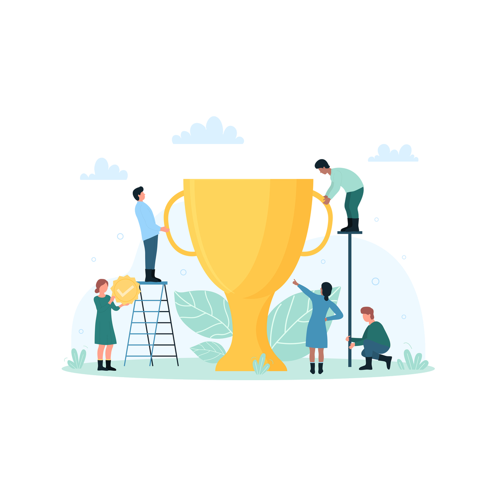 Illustration: five small figures work around a giant gold trophy, one on a ladder and one on a tall pole at its handles, one holding a gold badge with a check mark, one pointing up and one crouching, with pale leaves behind it