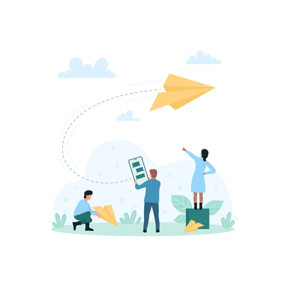 Illustration: three small figures on a grassy mound, one crouching beside a paper plane, one holding a large phone and one standing on a crate and pointing up, with a big yellow paper plane flying overhead along a dashed line