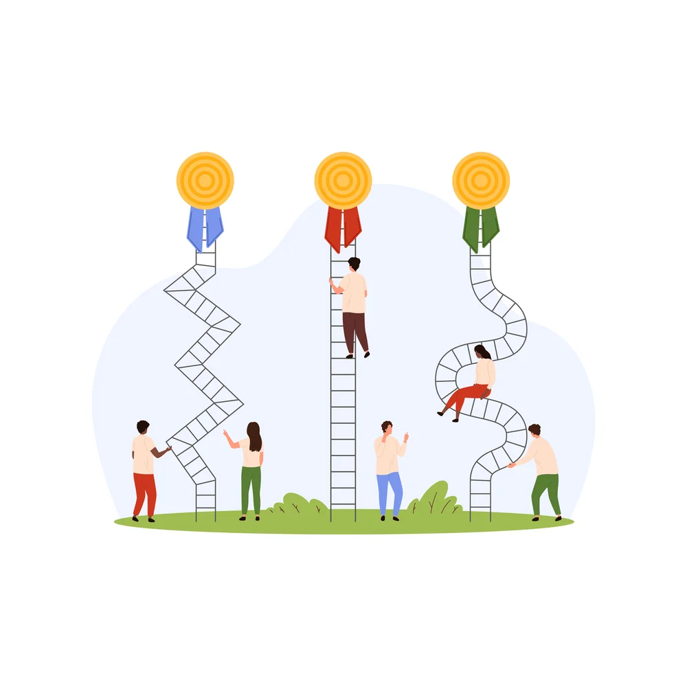 Illustration: six small figures stand and climb at the foot of three tall ladders of different shapes, a zigzag one, a straight one and a spiral one, each topped with a gold medal on a ribbon, one figure climbing the straight ladder and one sitting on the spiral one
