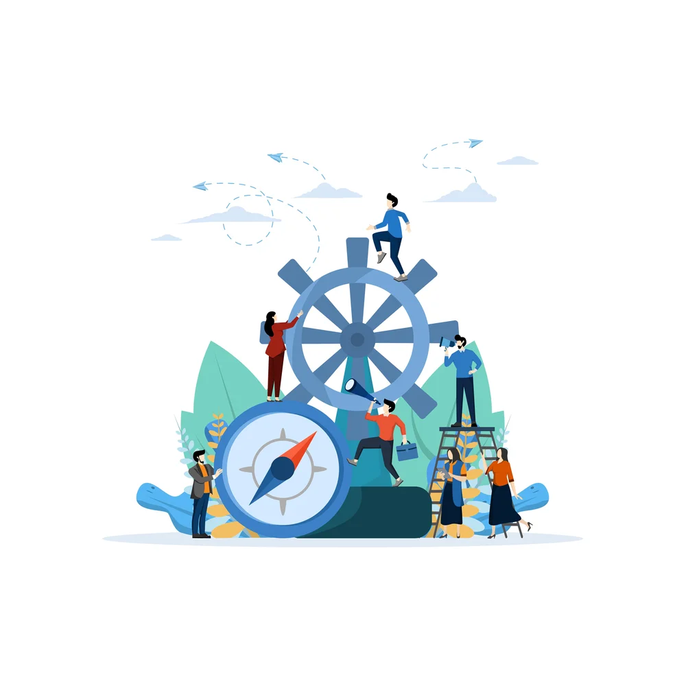 Illustration: small figures climb a giant ship's wheel beside a large compass, one looking through a telescope and one holding a megaphone