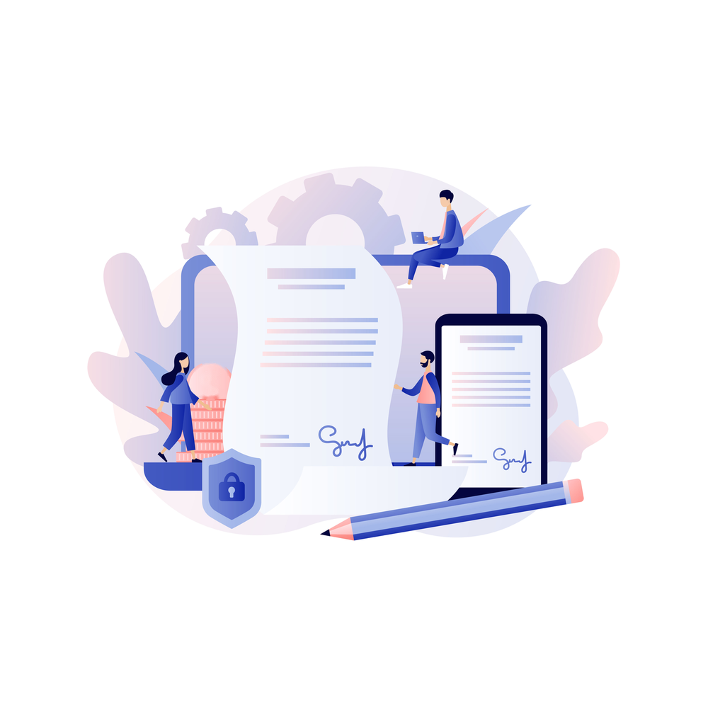 Illustration: Three tiny people work around a giant signed document and a phone, with a padlock shield and a pencil