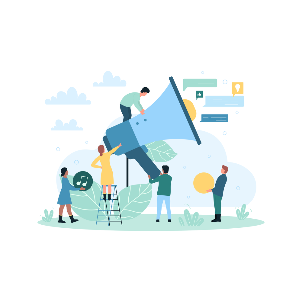 Illustration: Five tiny people gather around a giant megaphone, one climbing on it and one on a ladder, with speech bubbles above