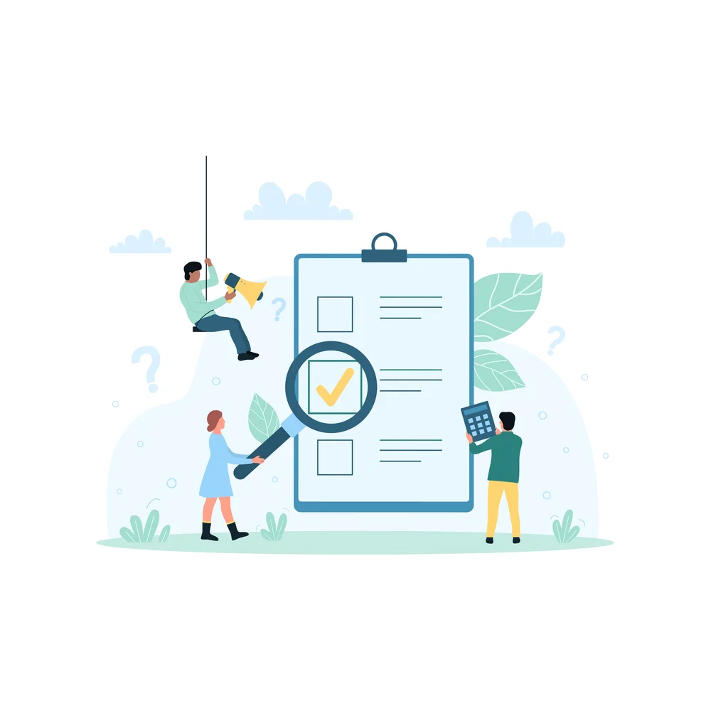 Illustration: Three tiny people check a giant form with blank boxes, one holding a magnifying glass over a ticked box, one with a calculator, one swinging from a rope with a megaphone