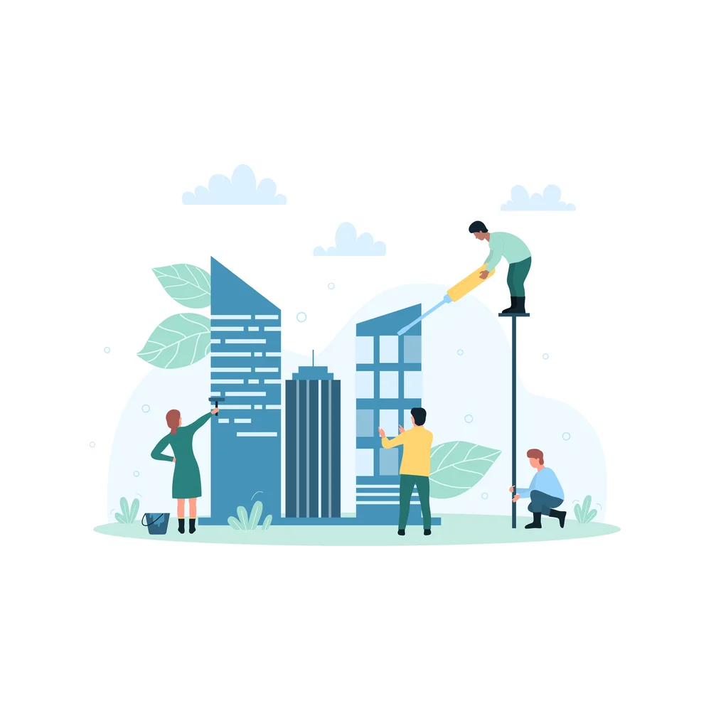 Illustration: Four tiny people work on three glass towers of different heights, one painting a facade and one on a tall pole fitting a pane