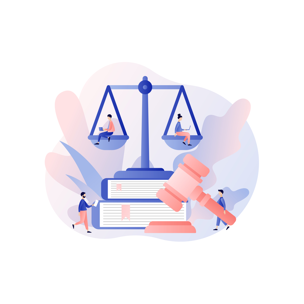 Illustration: four tiny people around giant scales that rest on two stacked books beside a large gavel, one sitting in each scale pan with a laptop and one standing at each end of the books