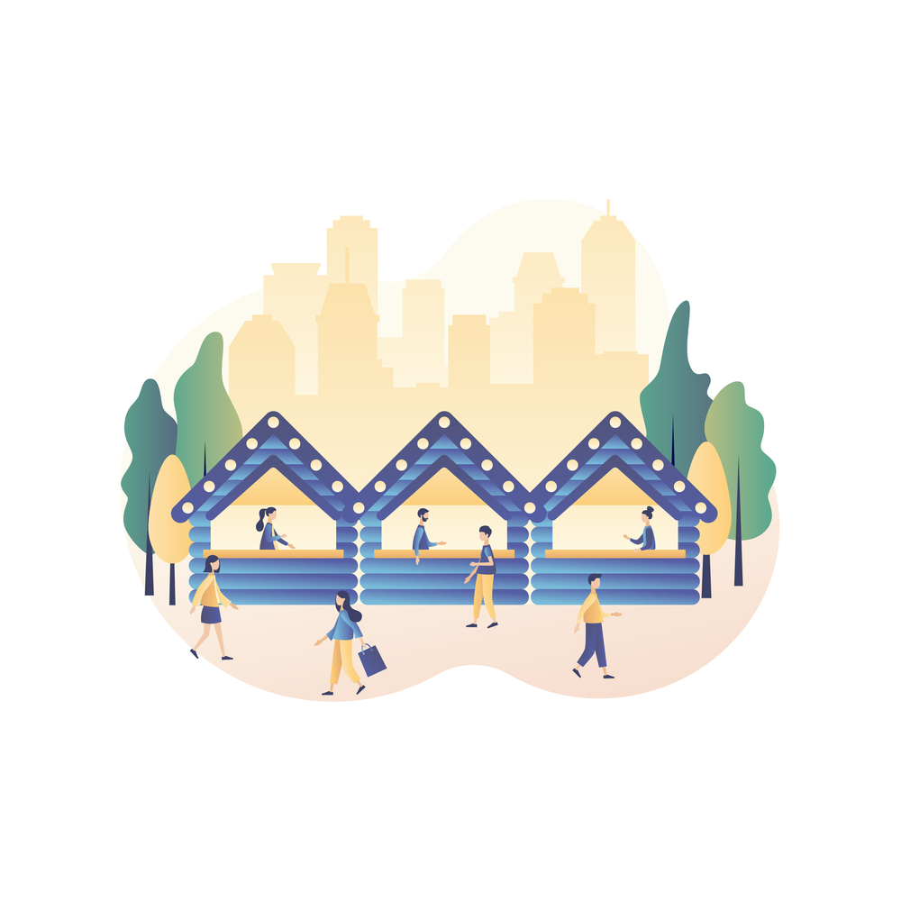 Illustration: small figures walk and shop in front of a row of three market stalls trimmed with strings of lights, with trees and a city skyline behind them