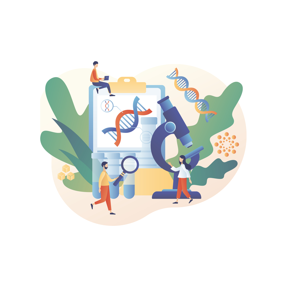 Three small figures work around a giant clipboard with a DNA strand, test tubes and a microscope, one sitting on top with a laptop and one holding a magnifying glass