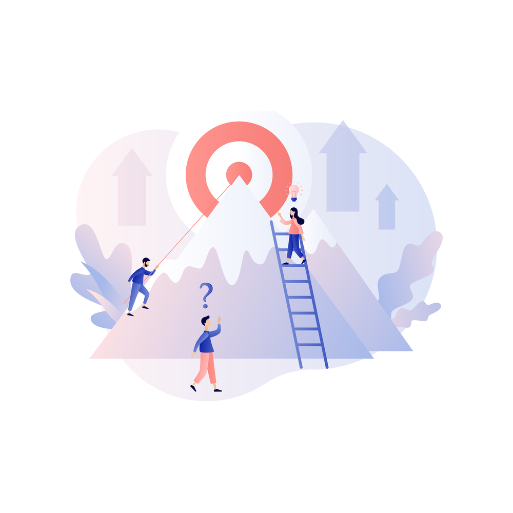 Three small figures head up a mountain toward a large target, one climbing a rope, one on a ladder under a lightbulb and one looking up beneath a question mark