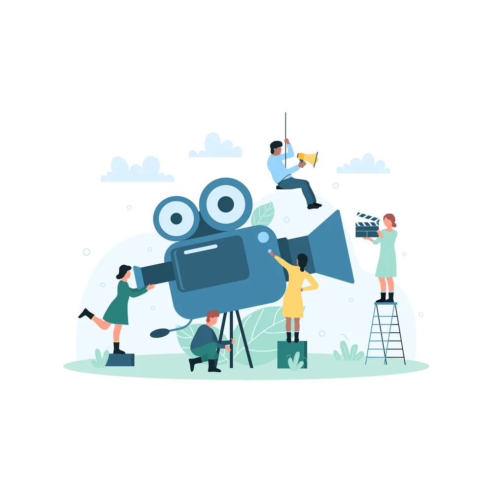 Illustration: five small figures work around a giant movie camera on a tripod, one hanging from a rope with a megaphone, one on a ladder holding a clapperboard, one standing on a box, one crouching under the tripod and one at the lens