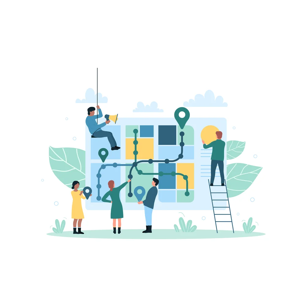 Illustration: five small figures work around a giant route board of colored squares crossed by one connected line with map pins, one hanging from a rope with a megaphone, one on a ladder holding a yellow disc and three standing in front of the board