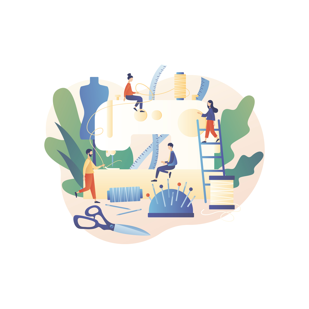 Illustration: four small figures work on a giant sewing machine with spools of thread, a pin cushion, scissors and measuring tapes, one on a ladder, one sitting on top and one beside a dress form