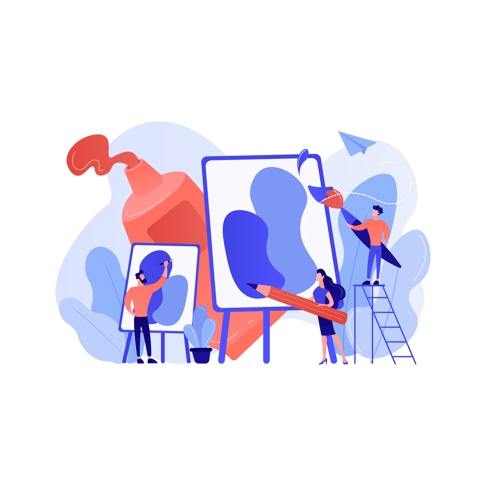 Illustration: three small figures paint two giant canvases on easels beside a giant red paint tube, one on a ladder with a big brush, one at a small easel and one holding a giant red pencil