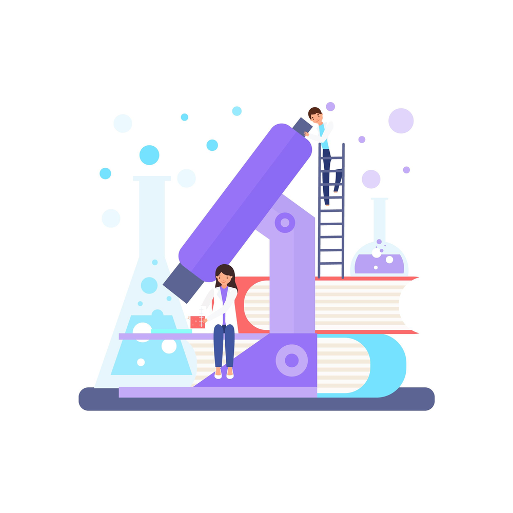 Illustration: two tiny scientists work on a giant purple microscope resting on stacked books, one climbing a ladder at the top and one sitting at the foot beside a large flask