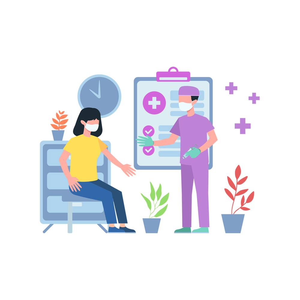 Illustration: a masked patient in a yellow top sits on a chair beside a nurse in purple scrubs and gloves, with a large clipboard chart showing a medical cross and checkmarks, a wall clock and plants around them