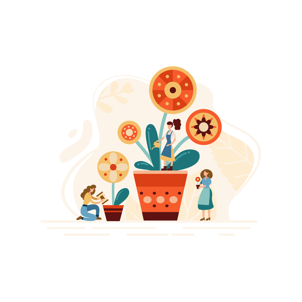 Illustration: three small figures tend three giant flowers, one standing among the leaves of a large red pot with a watering can, one kneeling by a small striped pot and one holding a tiny potted plant