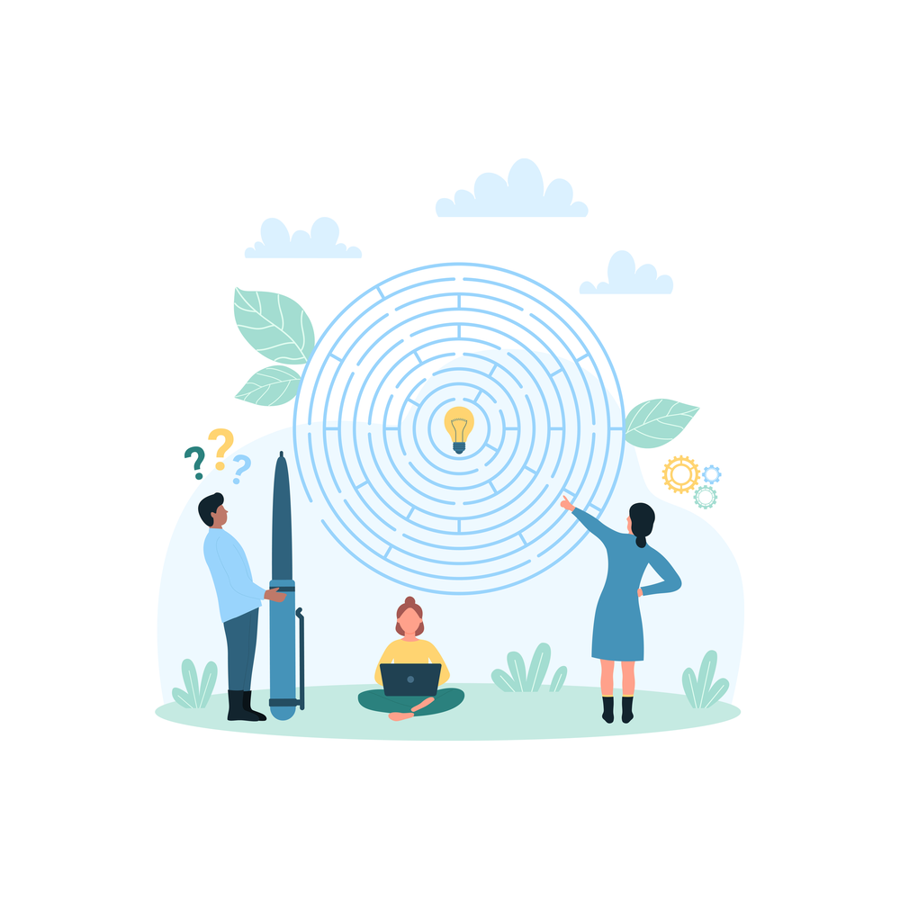 Illustration: three small figures stand around a large circular maze with a lightbulb at its center, one holding a giant pen and one sitting on the ground with a laptop