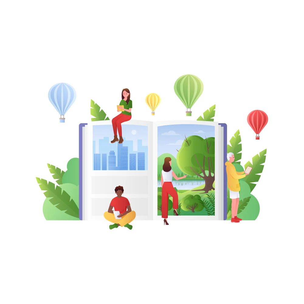 Illustration: four small figures stand around a giant open book that shows a city skyline on one page and a park with a tree and a lake on the other, one sitting on top of it, one sitting cross-legged in front and one holding a small book, with hot air balloons and leaves around