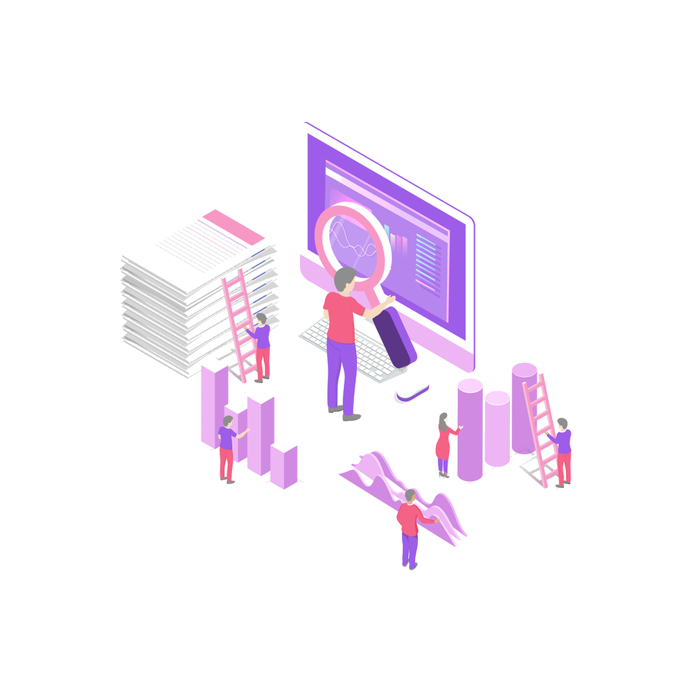 Isometric illustration: a figure studies a computer screen through a giant magnifying glass beside a tall stack of papers, while five smaller figures work at ladders and charts
