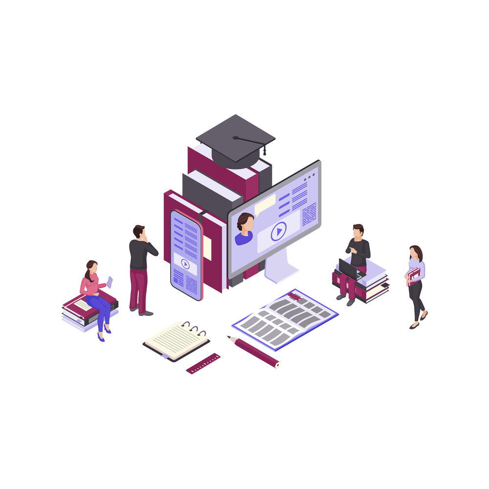Isometric illustration: four small figures around a stack of books topped by a graduation cap, with a monitor, a phone, a notebook and an open book