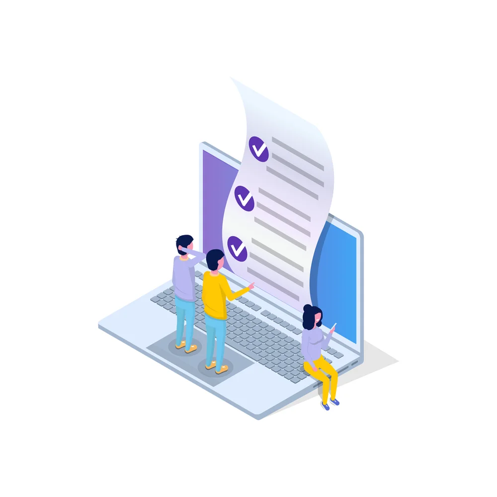 Illustration: three small figures on a giant laptop, two of them pointing at a checklist rising from its screen